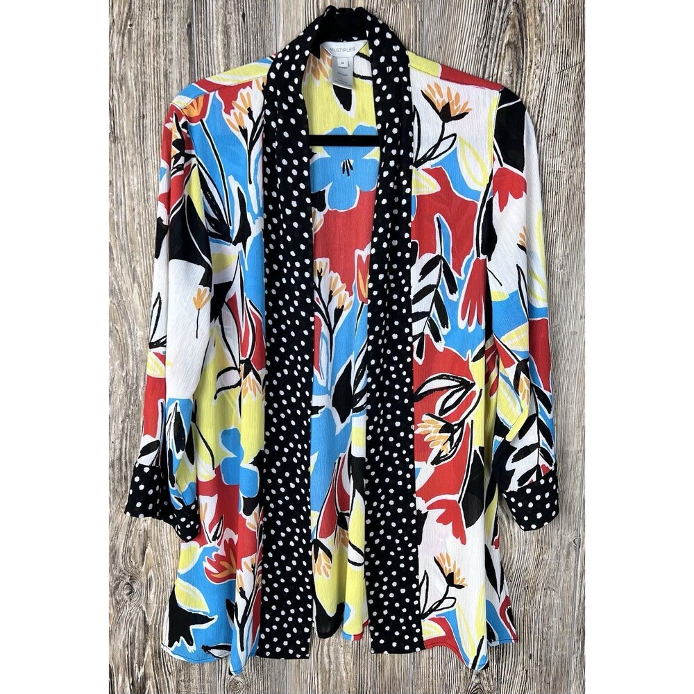 Multiples Sunnyland‎ Polka-Dot Floral Art-to-Wear Open Cardigan Top Eclectic MED